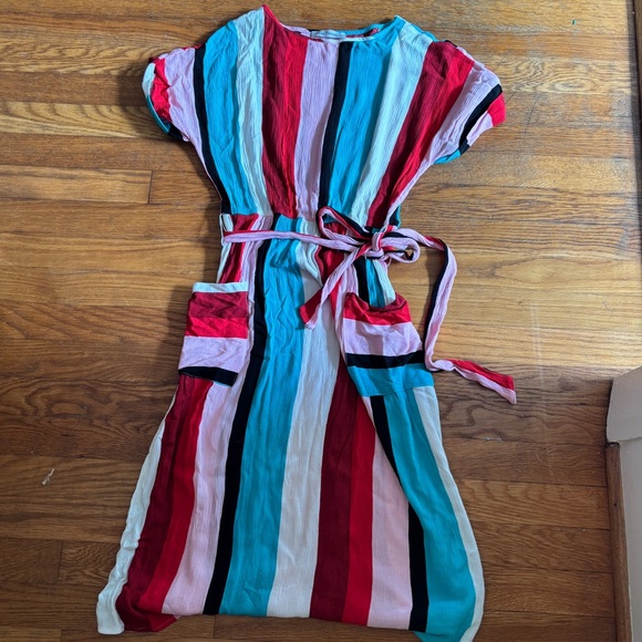 Unique Vintage Retro Style Teal & Red Striped Short Sleeve Midi Dress - Picture 1 of 5